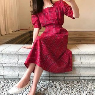 🌺dtb202161121 đầm midi đỏ kẻ ô cổ vuông thắt nơ lưng🌺