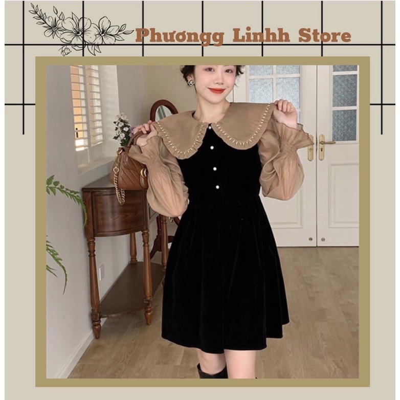[ORDER] Váy Nhung Đen Phối Bèo Cổ Cho Nữ (Có Ảnh Cận Chất)