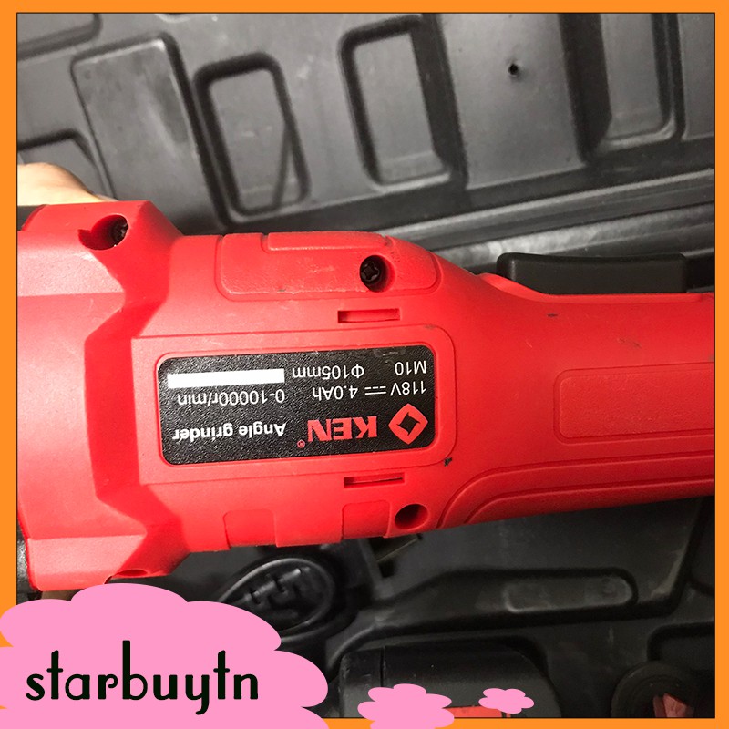 Máy mài góc đung pin 118V Ken kèm sạc 2 pin, tay cầm, tấm chắn, dụng cụ mở
