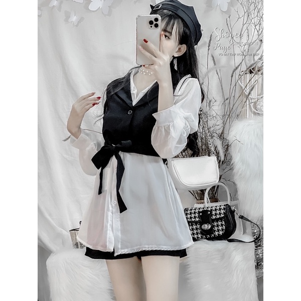 Set áo vest cột eo 3 món y hình