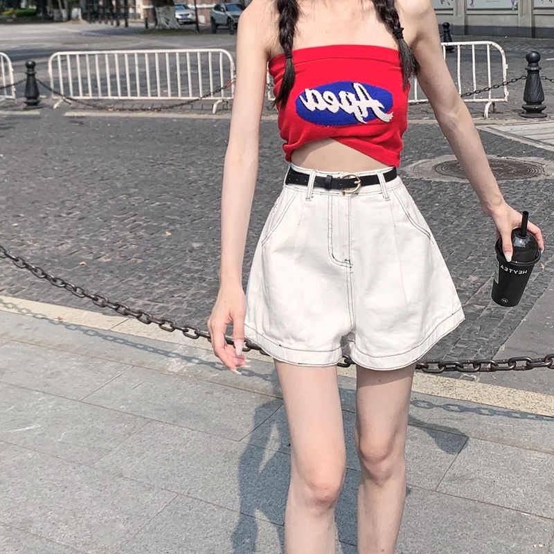 Quần Short Denim Ống Rộng Lưng Cao Phong Cách Hàn Quốc Mới Cho Nữ