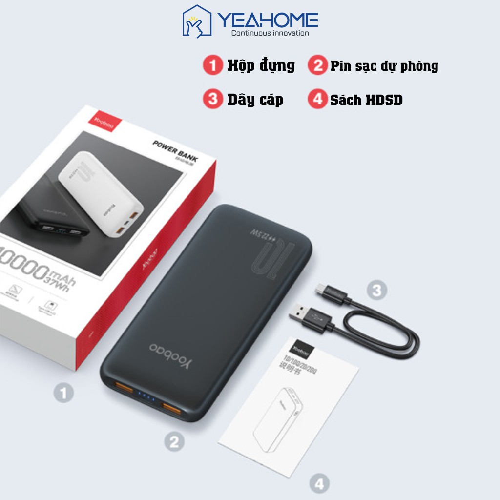 Sạc dự phòng 10000mAh Yoobao D10Q 2 cổng USB - Hỗ trợ sạc nhanh - Hàng chính hãng - Bảo hành 6 tháng 1 đổi 1