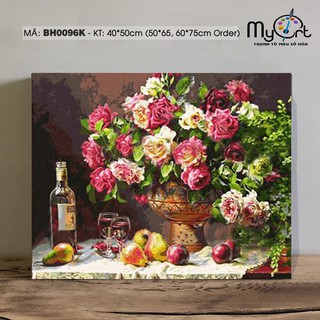 Tranh tô màu sơn dầu số hóa - Mã BH0096K Hoa hồng và rượu vang Tranh tĩnh vật treo tường trang trí làm quà tặng
