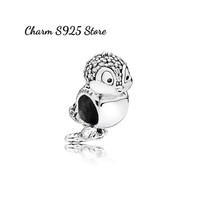 charm pan chim hoạ mi đính đá trắng bạc s925 cao cấp