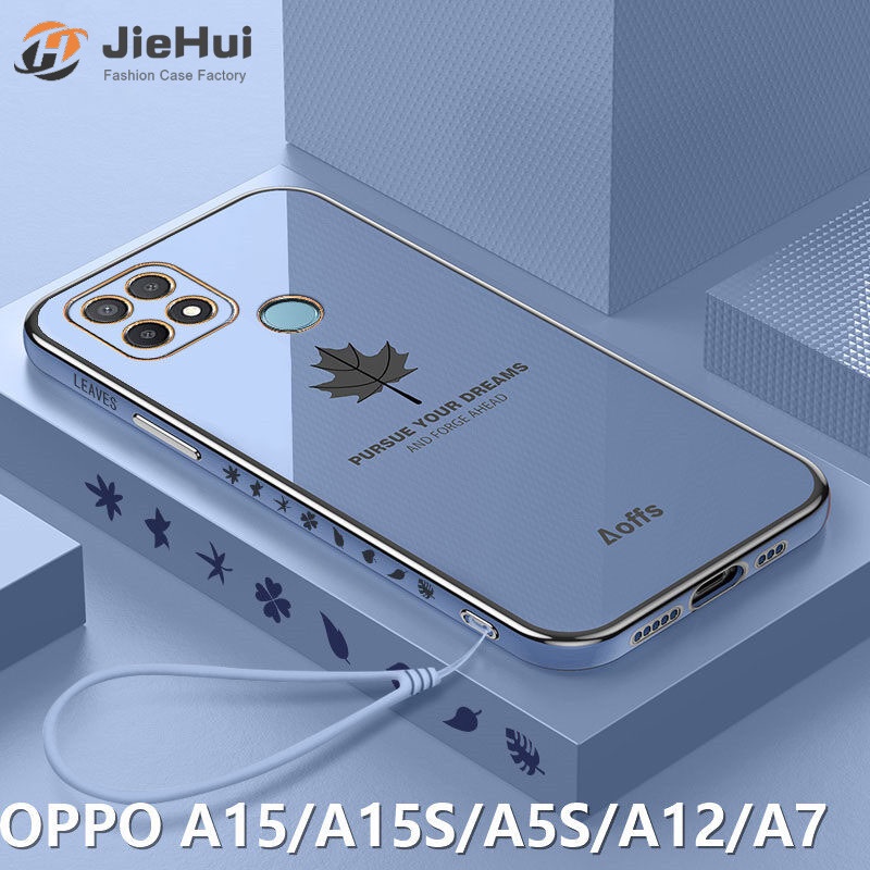 Ốp Điện Thoại TPU Mềm Mạ Chrome Hình Lá Phong + Dây Đeo Cho OPPO A5S / A15 / A15S / A12 / A7
