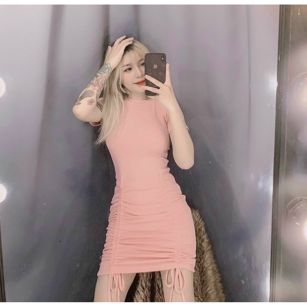 Đầm ôm body trơn rút dây 2 bên cực tôn dáng , chất thun bozip dày dặn co giãn