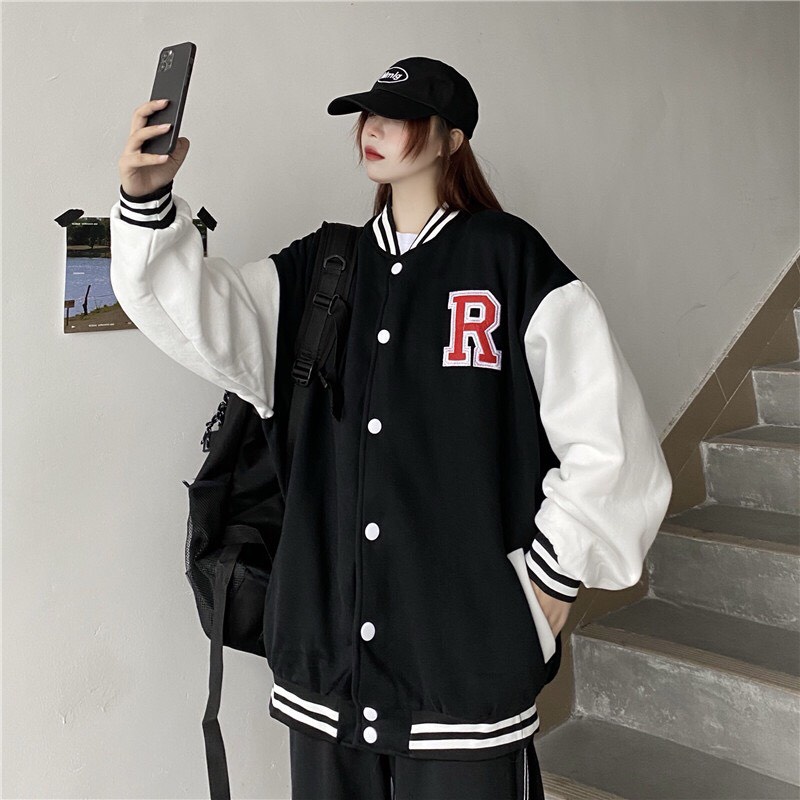 Áo Bomber nữ 𝗙𝗥𝗘𝗘𝗦𝗛𝗜𝗣  Áo khoác bomber vải nỉ bóng chày CHỮ R  unisex chính hãng hàn quốc varsity cao cấp giá rẻ.