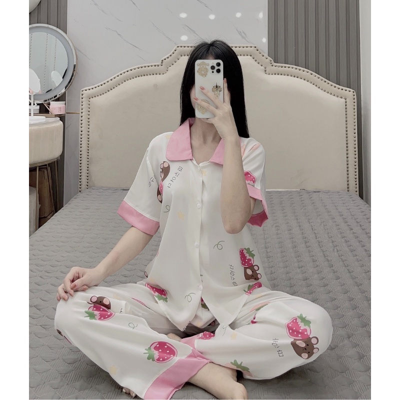 Đồ bộ pijama mặc nhà, đồ bộ nữ cộc tay quần dài chất lụa satin mềm mại, họa tiết xinh xắn | BigBuy360 - bigbuy360.vn