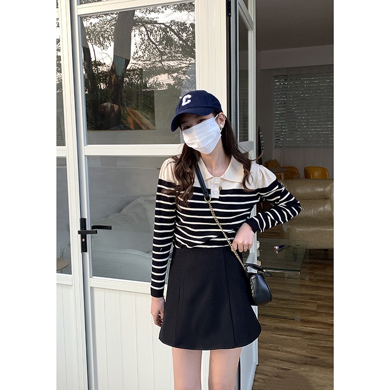 Áo thun len POLO nữ Dài tay Áo len kẻ sọc ngang Form rộng Ulzzang Hàn Quốc Tay dài Thời trang