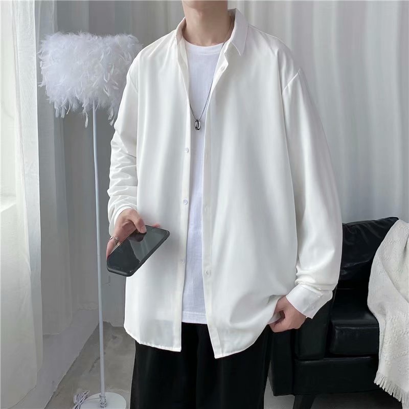 Áo Sơ Mi Tay Dài Dáng Rộng Màu Sắc Đơn Giản Phong Cách Hồng Kông Cá Tính Cho Nam
