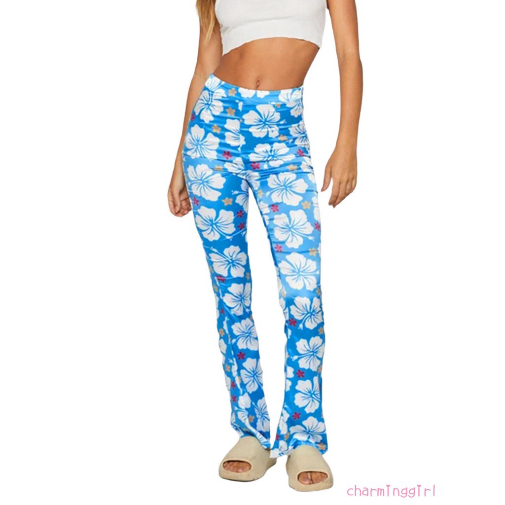 Quần dài lưng cao dáng ôm in họa tiết hoa / kẻ sọc sành điệu cho nữ