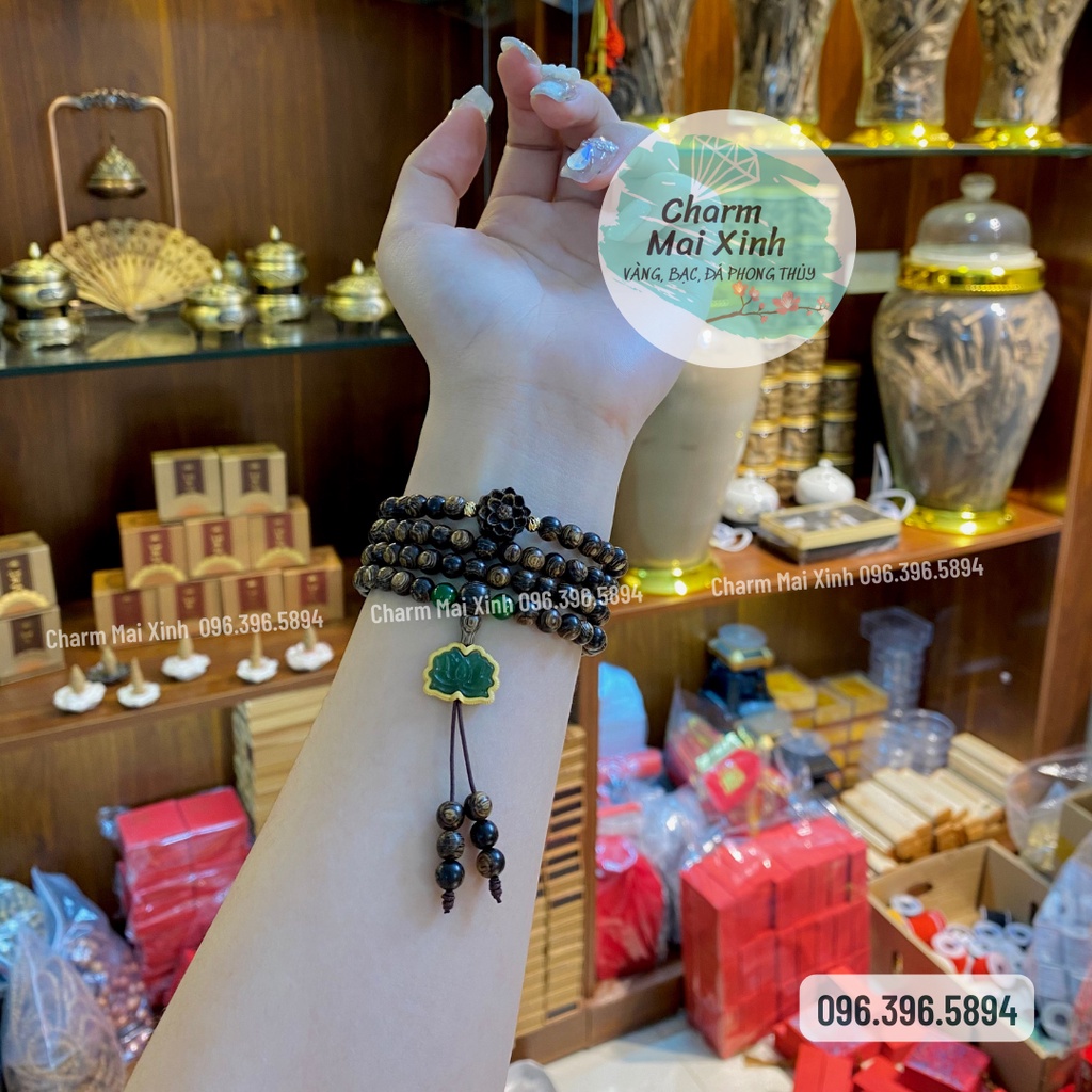 Chuỗi Trầm Hương Sánh chìm 108 hạt phối Hoa Sen và Búp Sen Ngo.c Bích bọc Bạc 925 - Vòng Tay Gỗ tự nhiên Nữ phong thuỷ