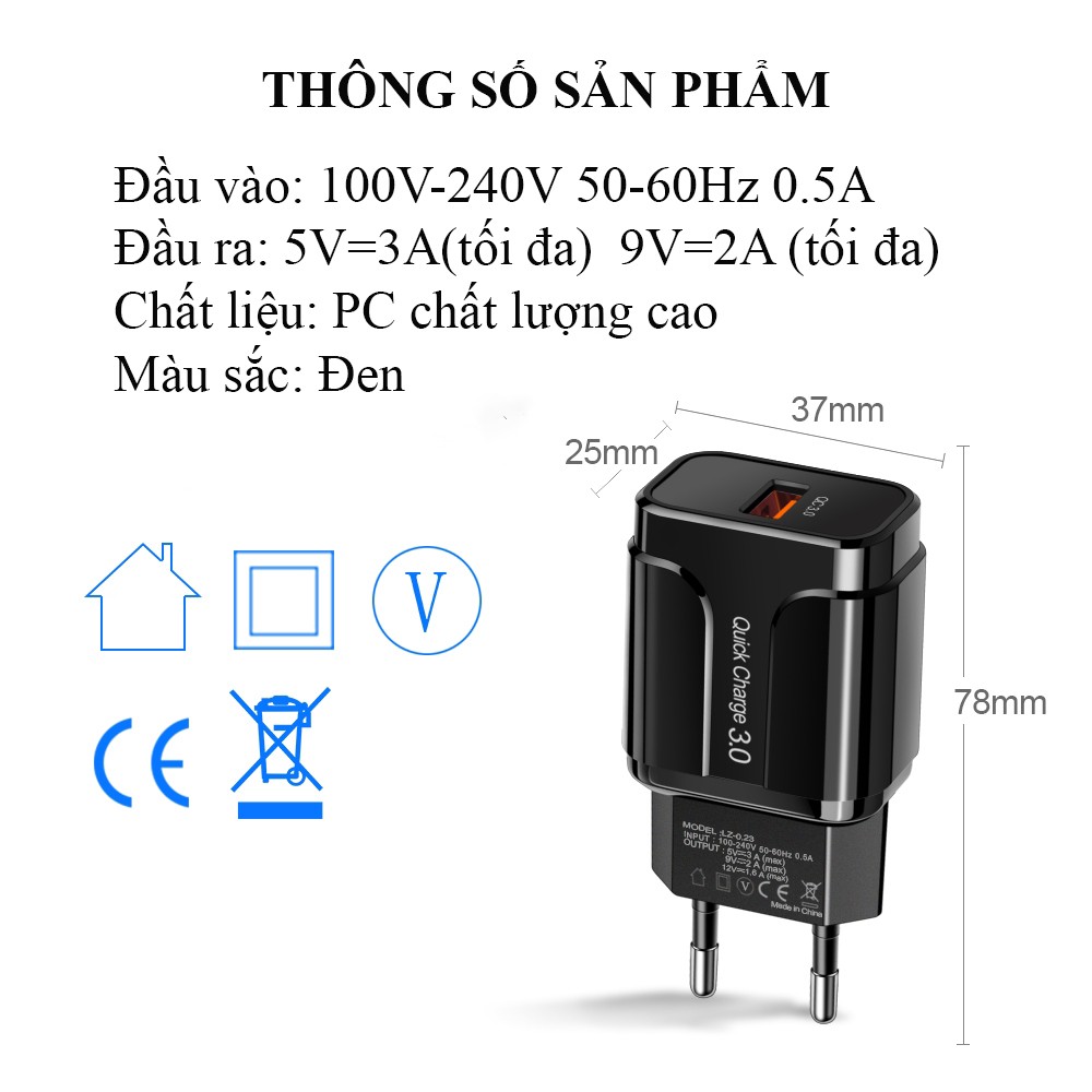 Cốc sạc nhanh QC 3.0 18W cho Iphone Samsung Xiaomi - Củ sạc nhanh QT