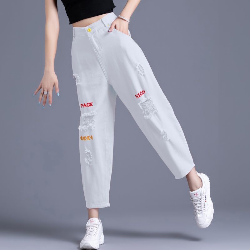 Quần Jean Nữ Lưng Cao Rách Gối Màu Trắng Phong Cách Mới