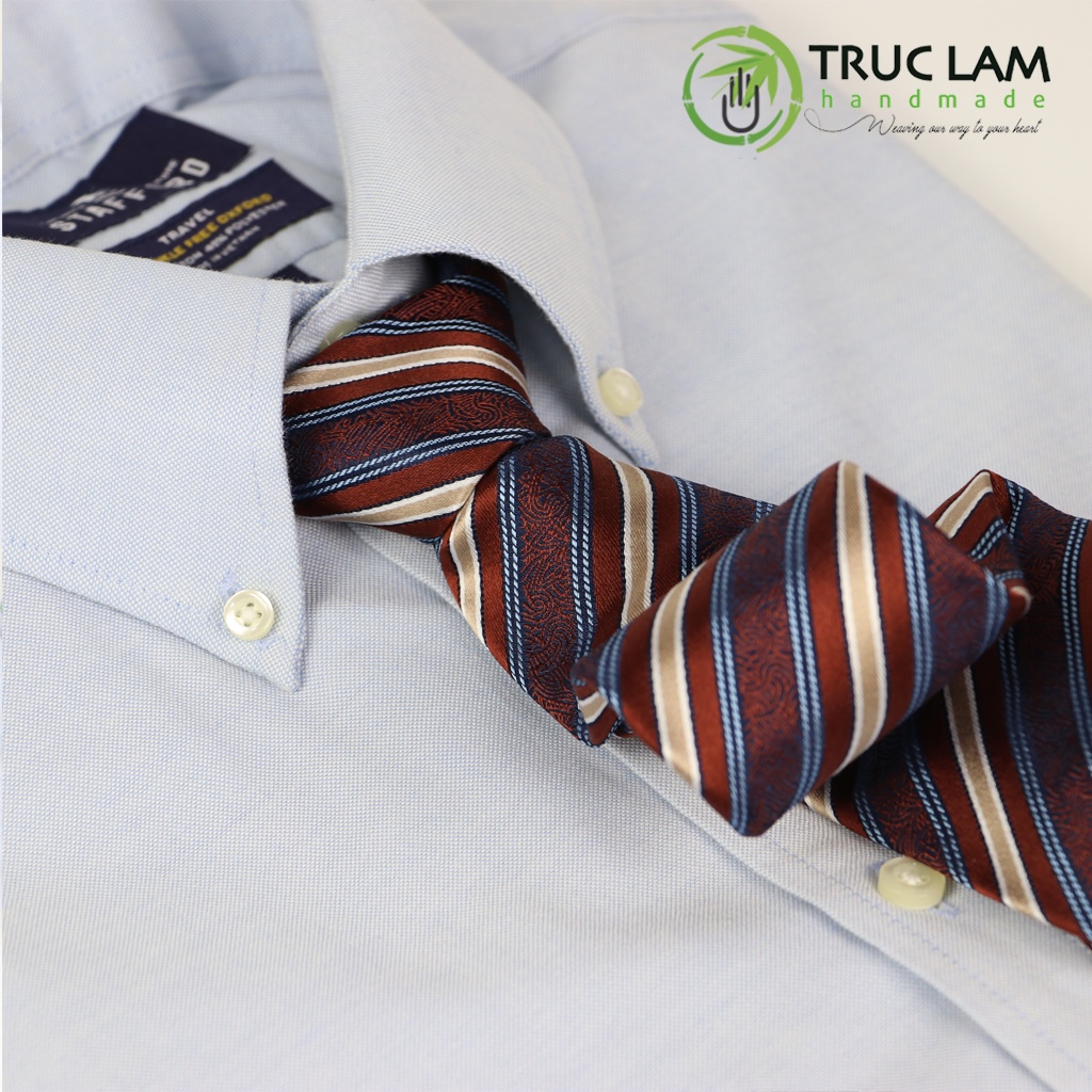 Cà Vạt Lụa 8cm Cho Nam Cao Cấp Họa Tiết Kẻ Sọc Đỏ Sang Trọng MS9 - Trúc Lâm Handmade