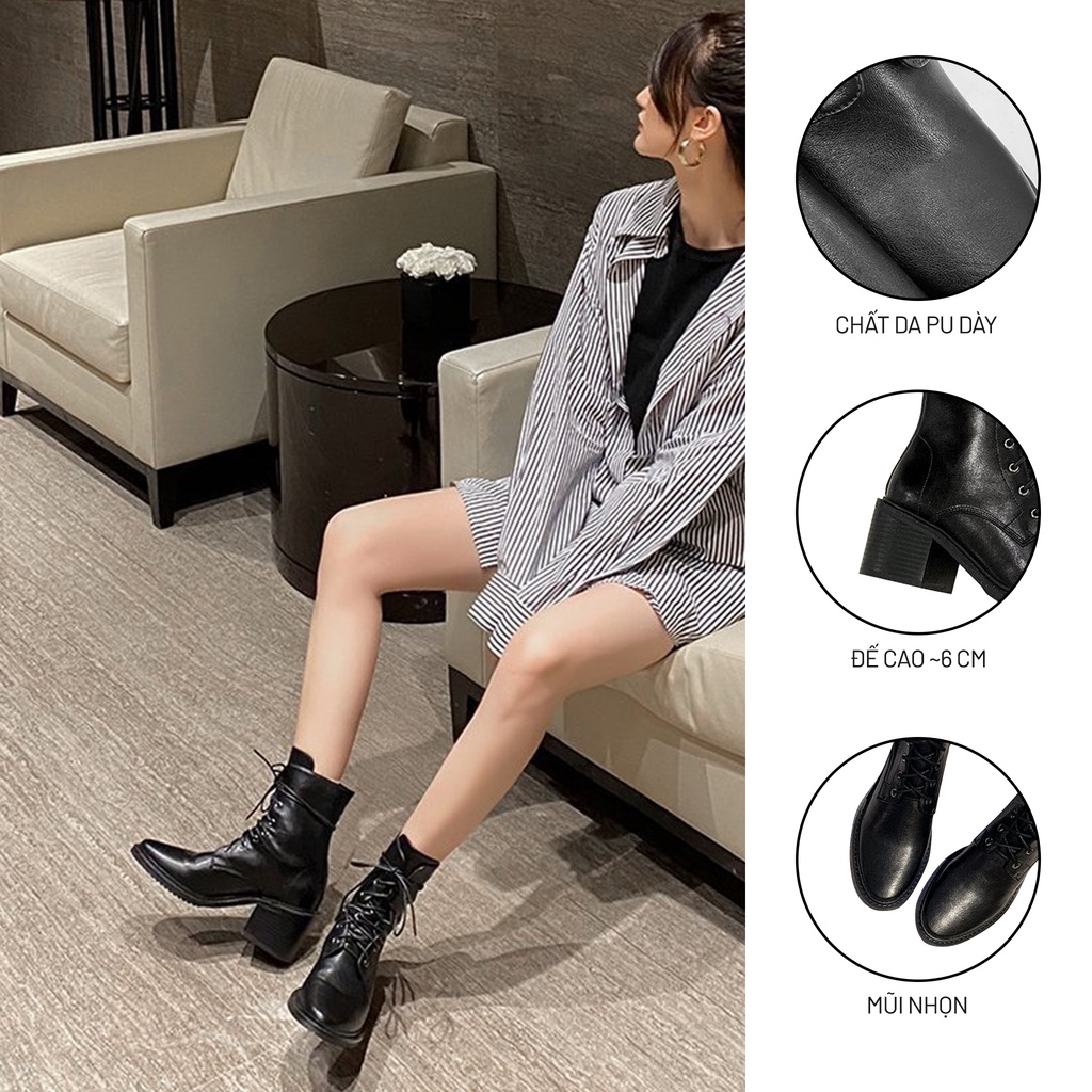 Giày Cao Gót Thời Trang Ulzzang, Bốt Martin Cao Gót Xỏ Dây Mũi Nhọn Đế Vuông 6cm Vintage, Hàn Quốc - Iclassy_shoes