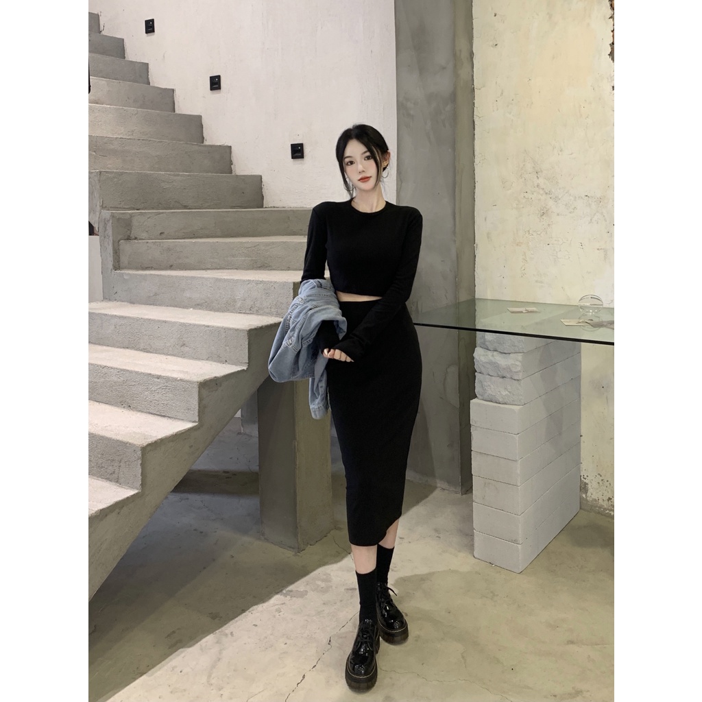 Set áo crop-top dài tay + chân váy body len ép nhung mịn form dài tôn dáng B.I.C V103