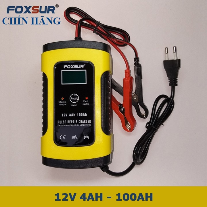 Sạc bình ắc quy ô tô xe máy 12V 4Ah - 100Ah FOXSUR tự ngắt khi đầy chức năng bảo dưỡng phục hồi ắc quy bằng khử sunfat