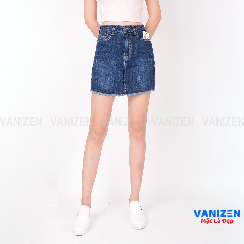 Chân váy jean nữ có quần bên trong đẹp lưng cao cạp cao xước nhẹ gấu tua rua hàng hiệu cao cấp mã 462 VANIZEN