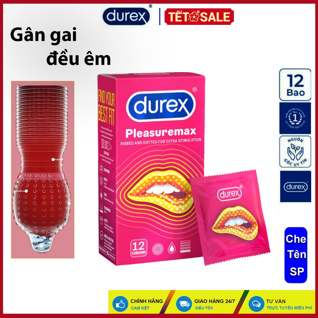 Bao cao su gai Durex Pleasuremax 12 bao, gân gai đều dùng êm, đạt tới đỉnh. Bao cao su chuẩn chất lượng.