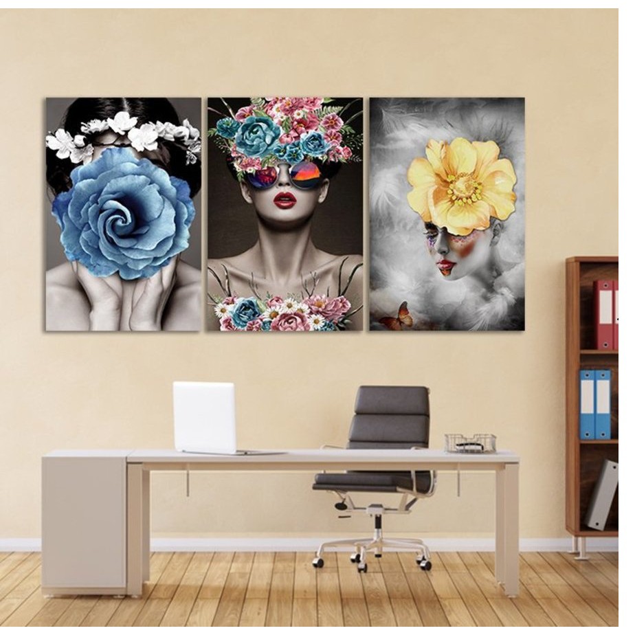 [HCM] Bộ 3 Tranh canvas giá xưởng -Tranh Treo Tường 3D Những Cô Gái Hoa - Tranh treo tường canvas tặng kèm đinh