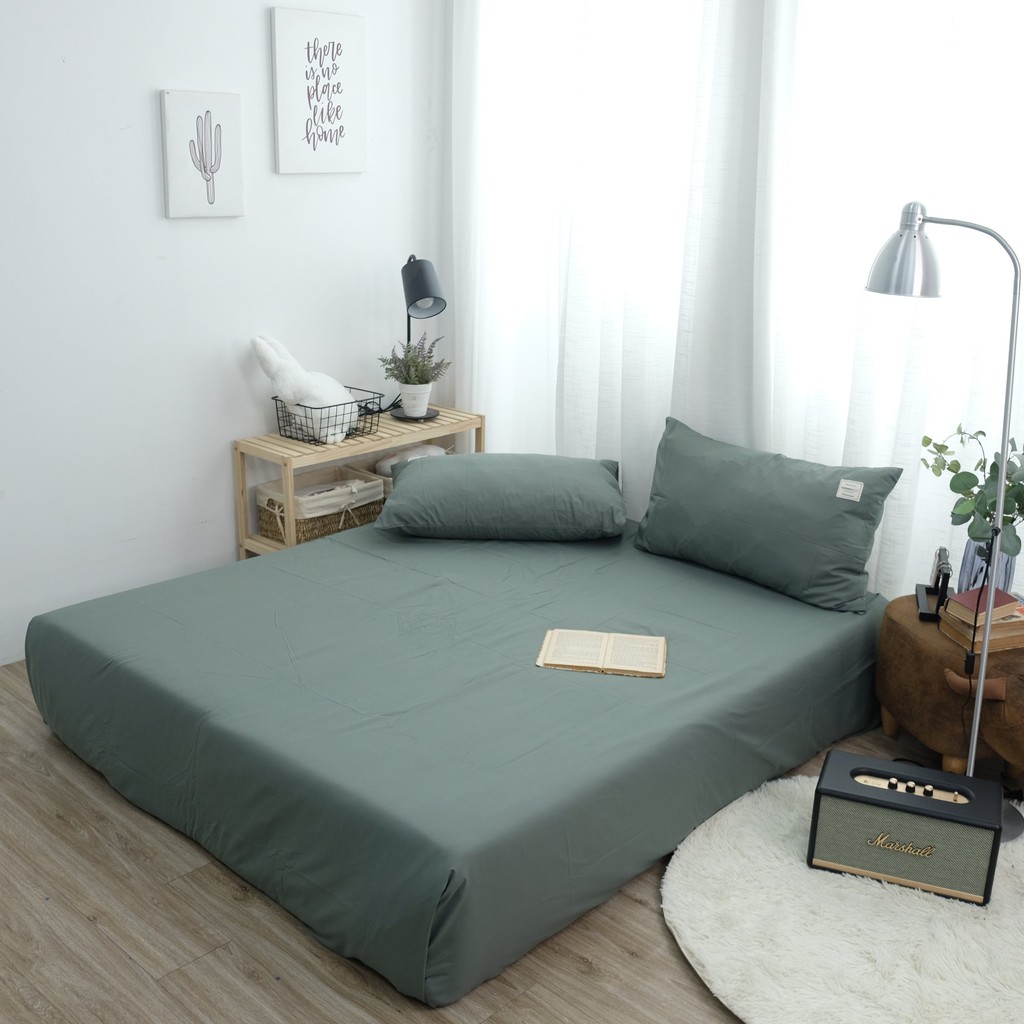 Drap giường và hai vỏ gối cotton Mịn Decor một màu nhã nhặn