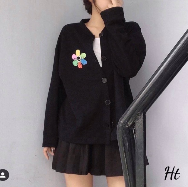 Áo khoác bomber nỉ bông logo hoa mặt cười dáng cadigan