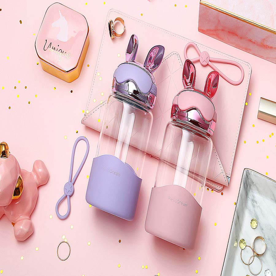 Bình Nước Thủy Tinh, Bình Đựng Nước Có Tai Thỏ Thời Trang 340ML H-6042