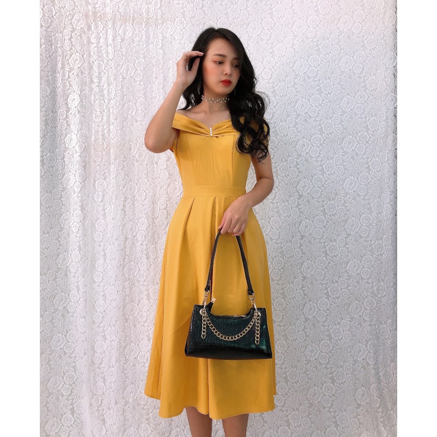 Đầm xòe dự tiêc bet vai S&amp;M sang trọng GR135