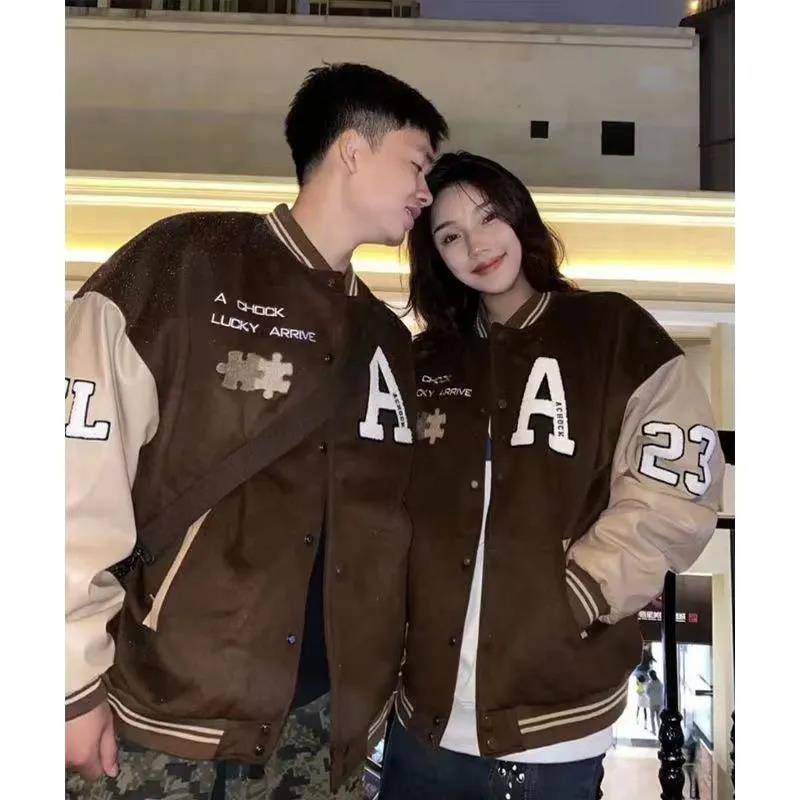 Áo Khoác Bóng Chày Màu Nâu In Họa Tiết Phong Cách Retro Nhật Hàn Thời Trang Xuân Thu Cho Nam Và Nữ