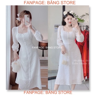 Đầm midi voan bi trắng cổ vuông
