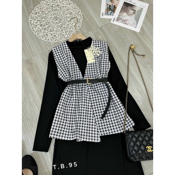 [Mã 2611THTRANG100K hoàn 10% xu đơn 99K] Set váy len body mix khoác gile caro kèm thắt lưng | BigBuy360 - bigbuy360.vn