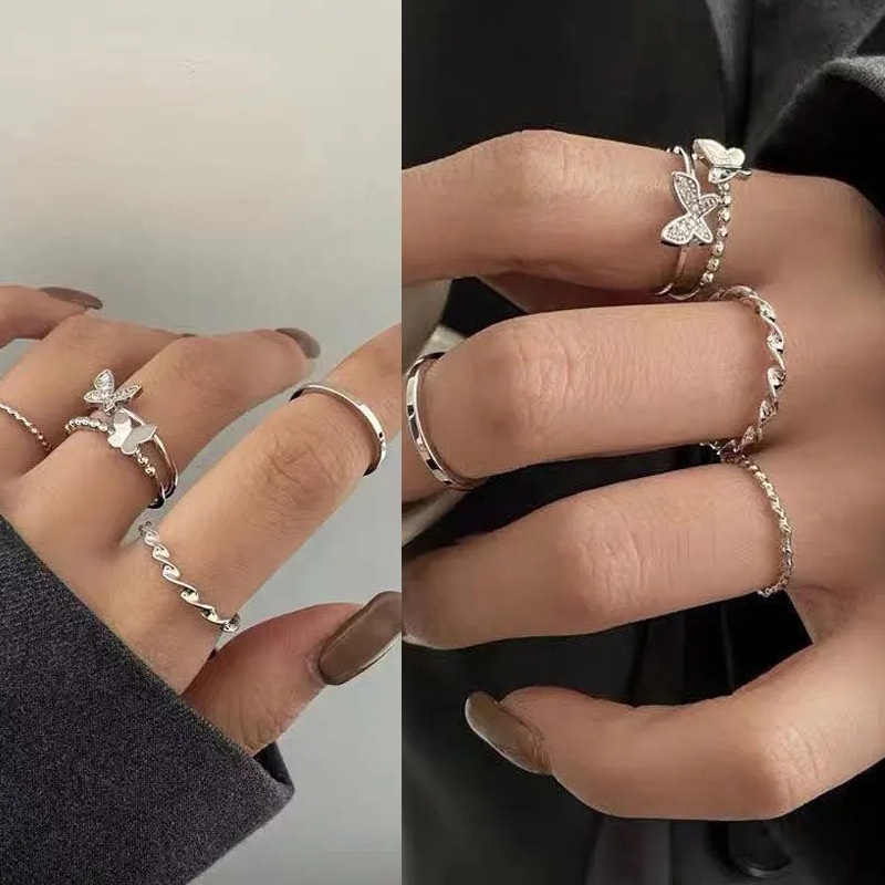 Bộ Bốn Nhẫn Đeo Ngón Tay Dạng Mở Hình Bướm Có Thể Điều Chỉnh