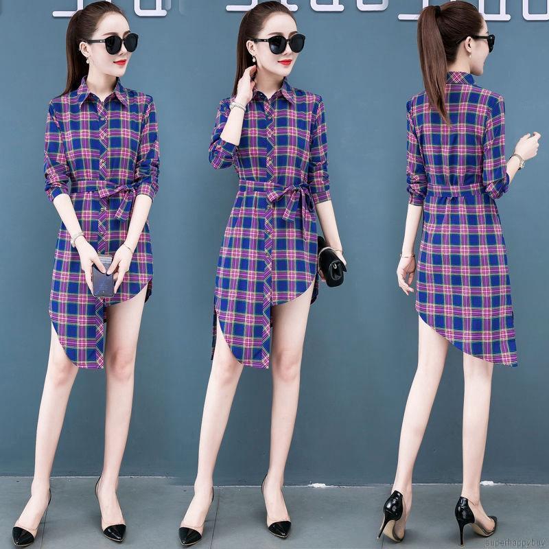 Đầm sơ mi dài tay kẻ sọc/màu trơn thiết kế thắt nơ eo thời trang nữ
