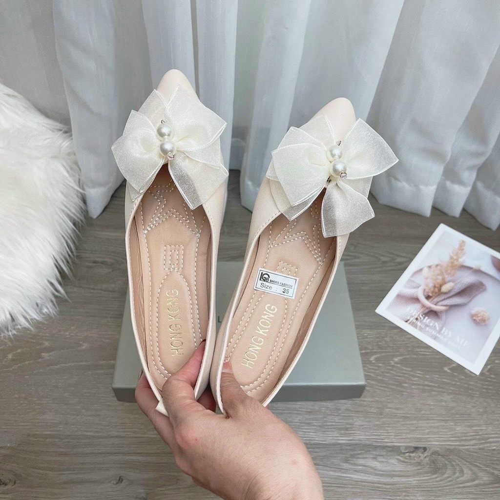 [Ảnh thật] Giày búp  bê nữ nơ voan ngọc da lỳ mềm đế dẻo êm chân mã 2022