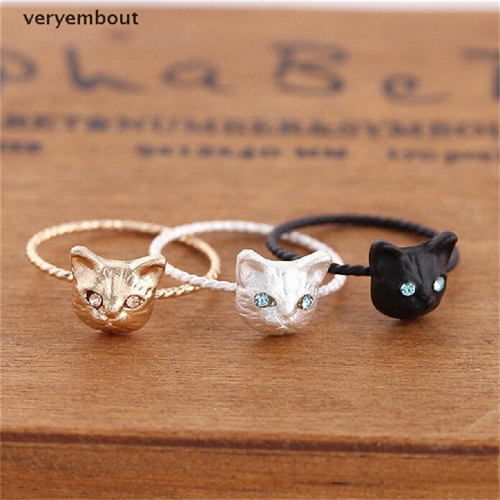 ut 1Pc Women Mini Lovely Cat Shaped Ring Rhinestone Studd Ring Black Gold Silver n