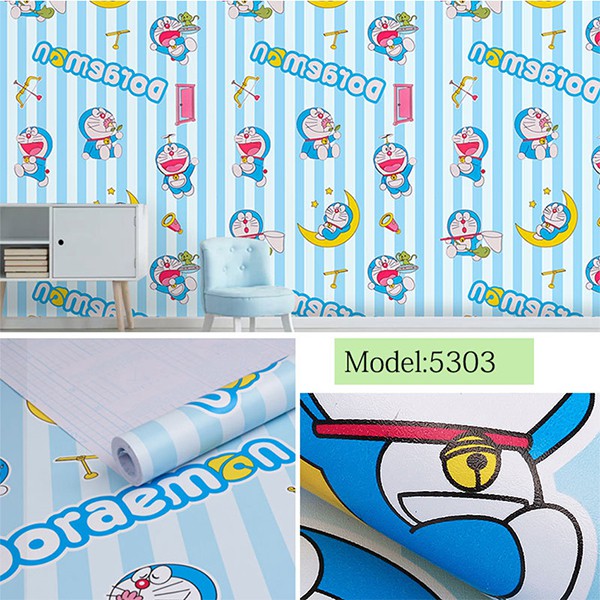 Giấy dán tường doremon có keo sẵn khổ rộng 45cm, giấy decal dán tường doraemon phòng ngủ cho bé - Azeva