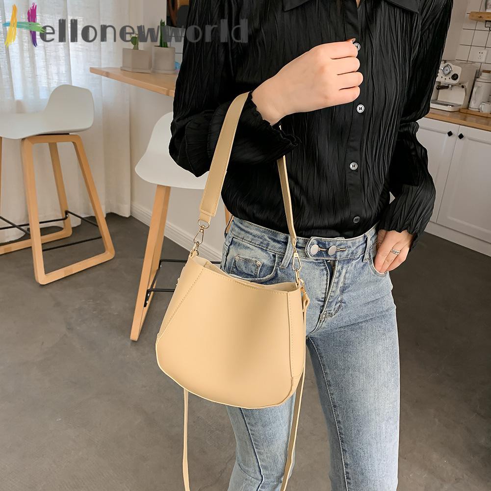 Hellonewworld Women Fashion Leather Shoulder Handbag Solid Color Messenger w/Clutch Bag 