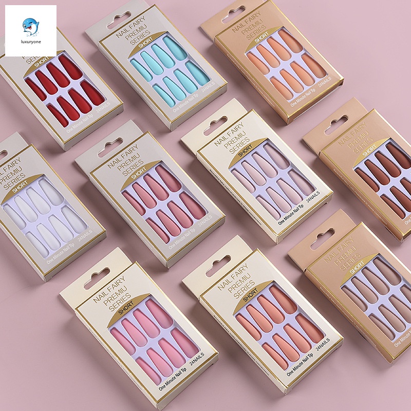 Bộ 24 móng tay giả màu trơn bằng nhựa resin siêu dài kèm gel phủ cho nữ