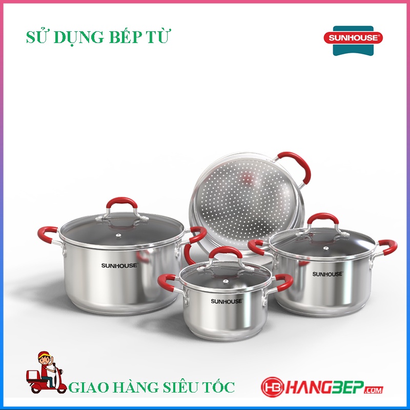 Bộ 4 Món Nồi Inox 5 Đáy Bếp Từ Và Xửng SUNHOUSE 16cm 20cm 24cm Chính Hãng Bảo Hành Toàn Quốc