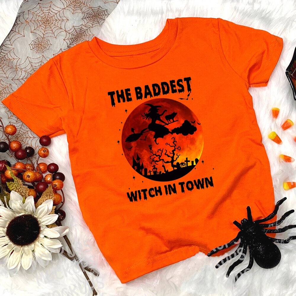 Áo thun trẻ em in họa tiết Halloween màu cam bé trai và bé gái Quần áo dự tiệc Halloween Áo ngắn tay cho trẻ em