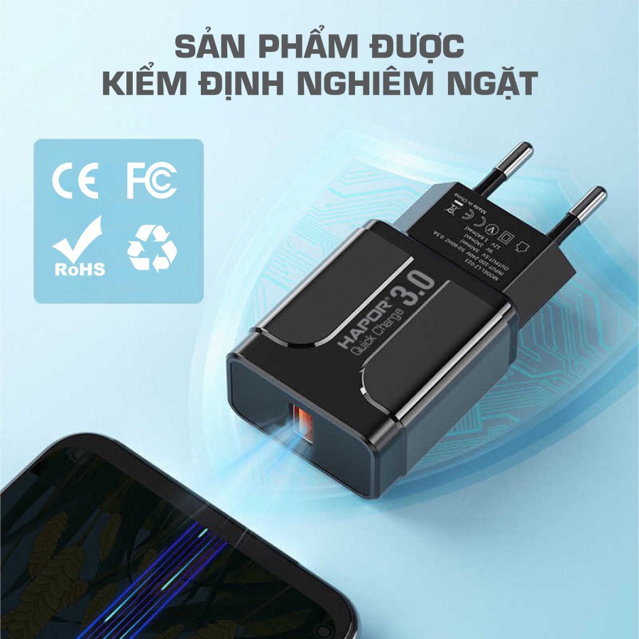 Củ sạc nhanh Quickchard 3.0 Hapor siêu bền tiêu chuẩn quân đội cho Iphone, Samsung, Xiaomi, Oppo, Vivo, Realme