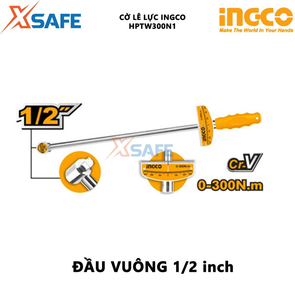 Cờ lê lực INGCO HPTW300N1 Cần siết lực chất liệu CRV chắc chắn, chịu nhiệt, dải lực 0-100Nm, đầu vuông 1/2 inch [XSAFE]