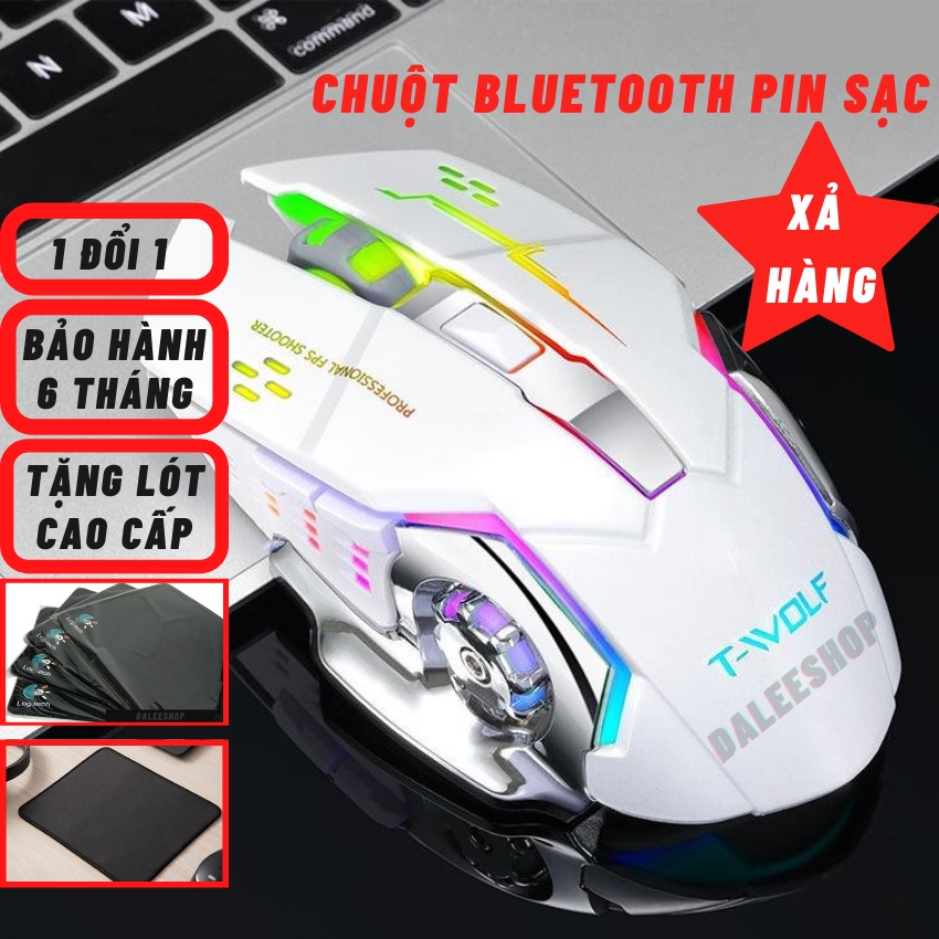 [HCM]Chuột Bluetooth Pin Sạc Chuột Không Dây Gaming T-Wolf Q13 Không Tiếng Bấm, Đèn 7 Màu, BH 6 THÁNG TẠI Daleeshop