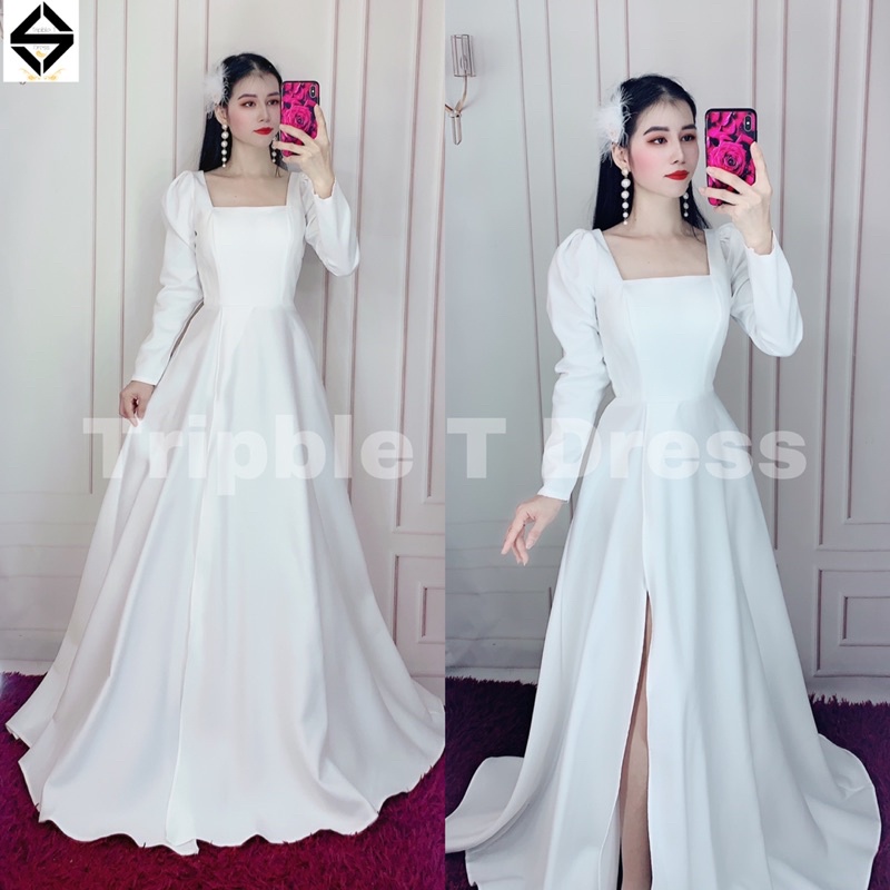 Đầm maxi dự tiệc mặc cưới xẻ đùi tay dài cổ vuông TRIPBLE T DRESS-Size S/M/L- MS284V