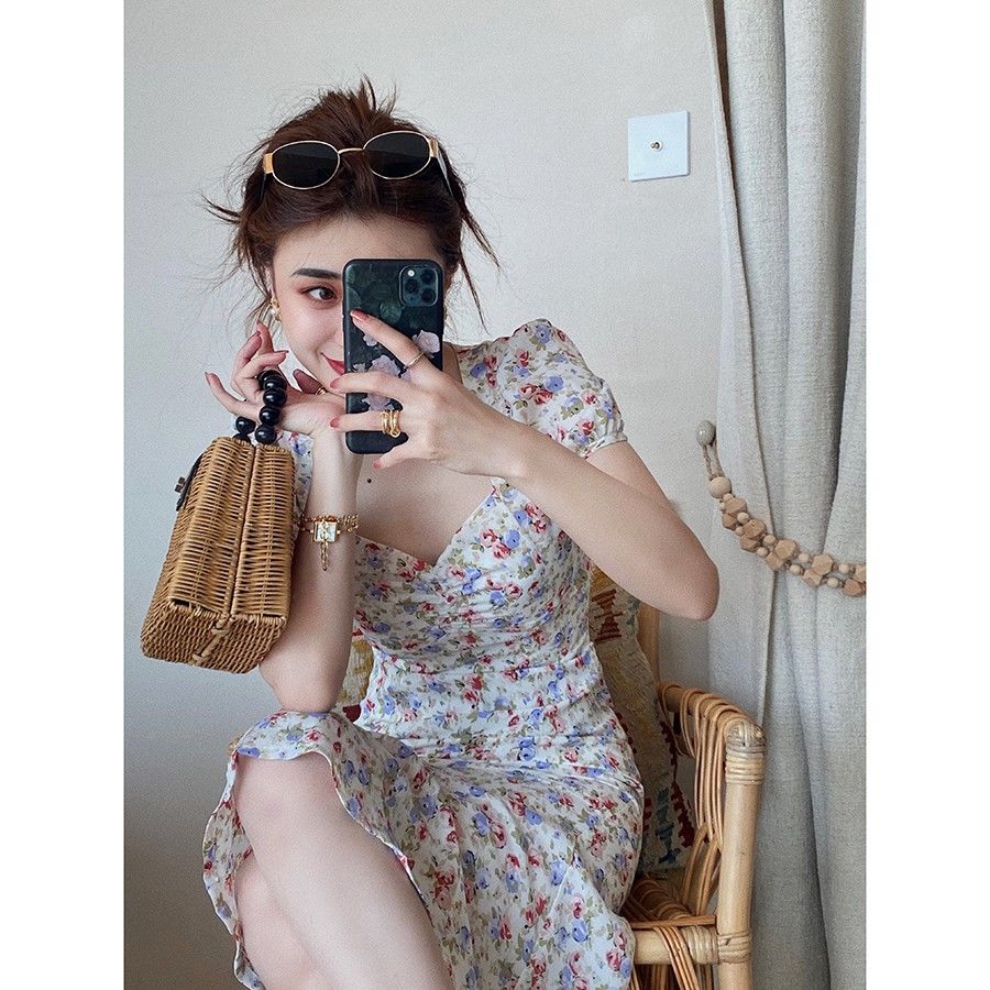 Đầm Nữ Cổ Chữ V In Hoa Thời Trang Thanh Lịch