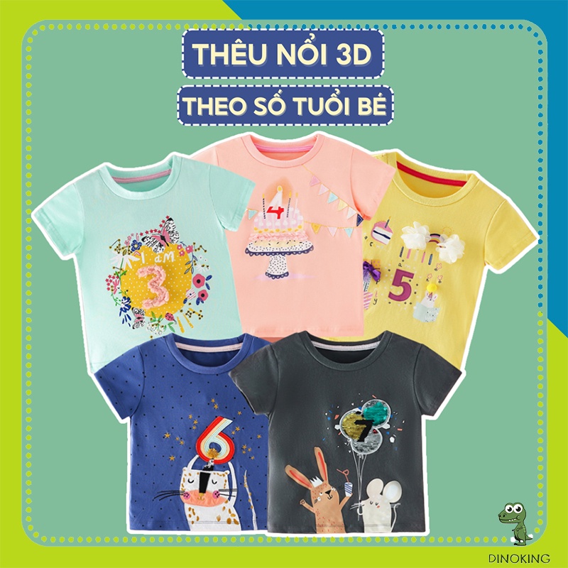 Áo thun bé gái DINOKING áo phông cho bé cộc tay mùa hè hoạ tiết số tuổi thêu nổi 3D phù hợp trẻ em 2 - 8 tuổi AT22