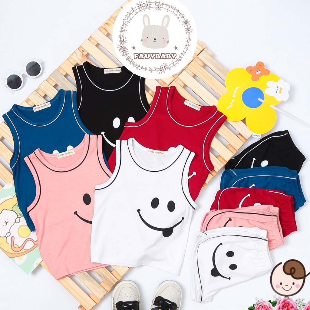 Đồ Bộ MINKY MOM Chính Hãng Bé Trai Bé Gái Ba Lỗ Quần Cộc Thun Lạnh Hình Mặt Cười Cute Trẻ Em 0 1 2 3 4 5 Tuổi-Favybaby