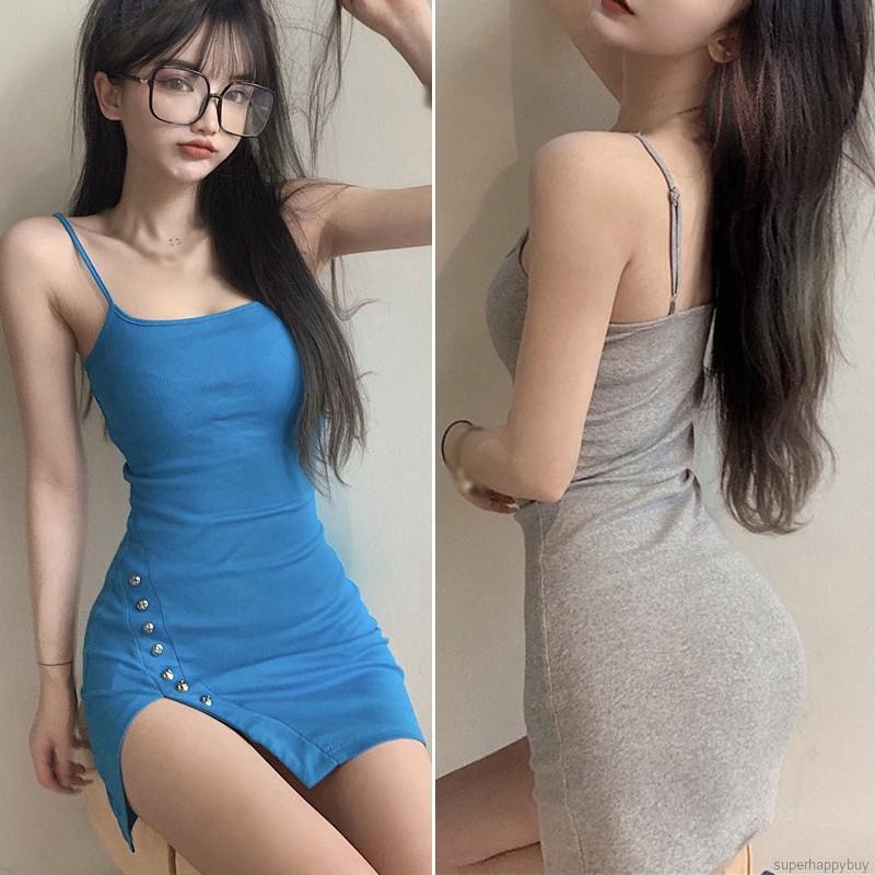 Đầm Mini Hai Dây Hở Lưng Thiết Kế Lệch Tà Quyến Rũ Cho Nữ