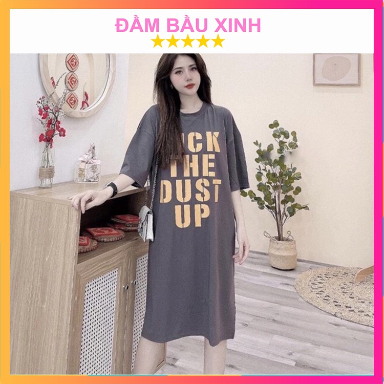 Đầm Bầu Suông Tay Lỡ Chất Cotton Co Dãn Váy Dài Họa Tiết Chữ KickUp Hàng VNXK